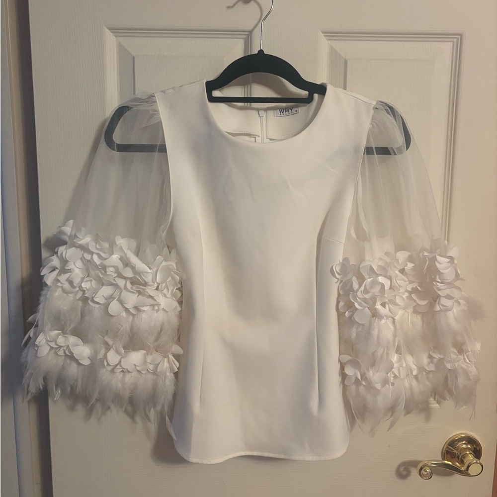 Why Dress White Floral Appliqué Sleeve Blouse